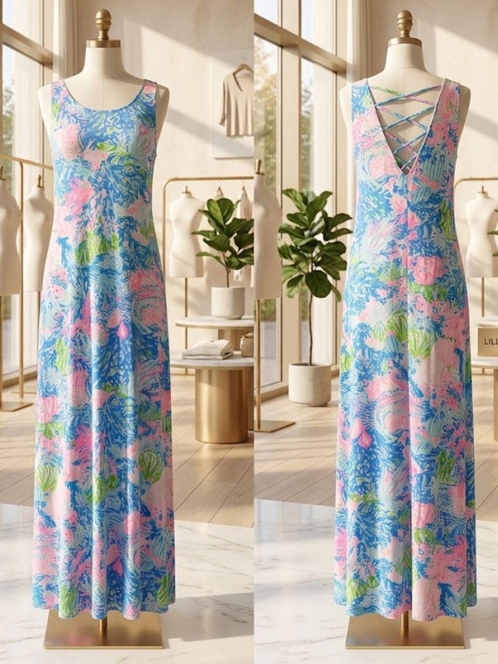 Lilly Pulitzer Strappy Back Multi Ocean Print Maxi Dress | Medium